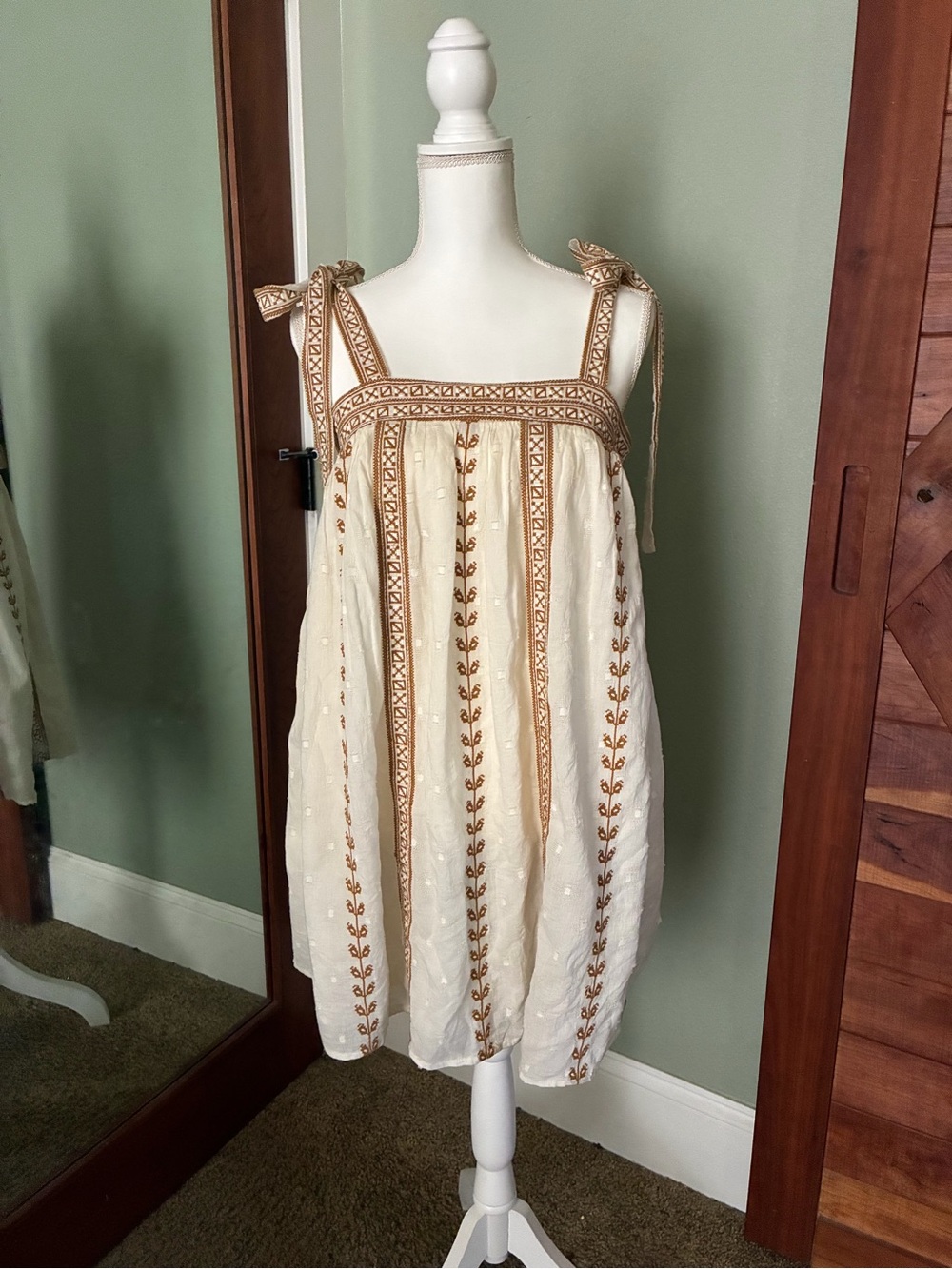Cleobella Cream Embroidered Tie-Shoulder Camisole with Tan Accents